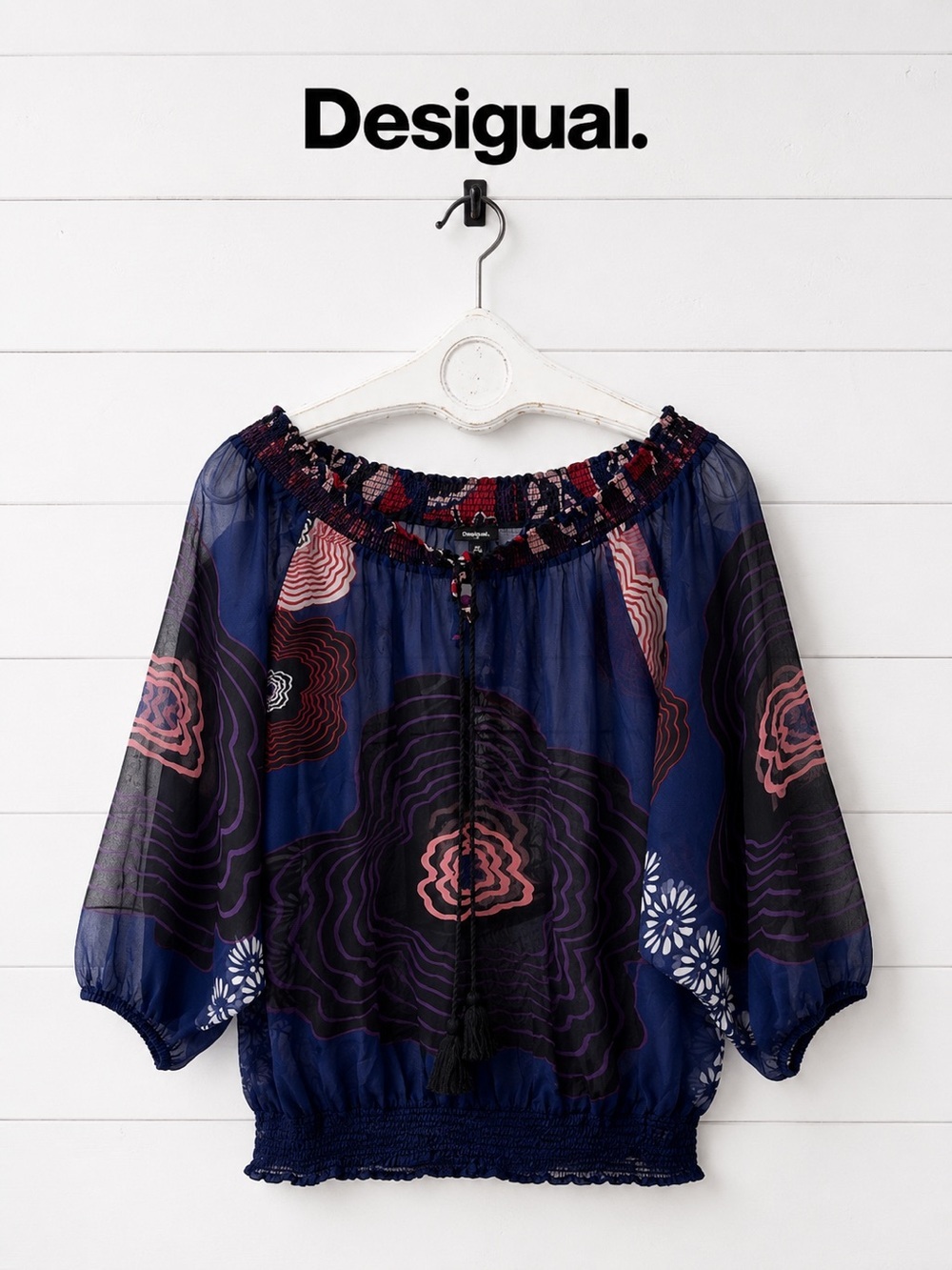 Desigual Sheer Off-Shoulder Printed Blouse – Size L